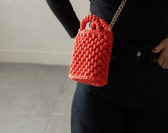 Mini Cotton Yarn Crochet Shoulder Bag, Small Crochet Shoulder Bag, Colored Cotton Yarn Tote Bag, CellPhone Bag, Girl Shoulder BAG