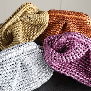 Metallic gehaakte raffia-clutch, handgemaakte metallic tas, handgebreide metallic clutch, avondhandtas, gehaakte tas, cadeau voor moeder