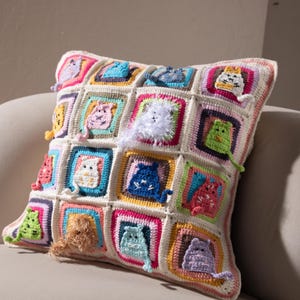 Hand-Knitted Granny Square Pillow Cover, Crochet Cat Afghan Colorful Cat Cushion, Handmade Many Cats Pillow Cover, Square Cushion Cover Gift
