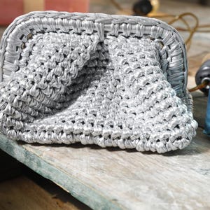 SILVER Metallic Clutch, Silver Metallic Bag, Crochet Silver Clutch BAG, Crochet Leather Touche Bag, Woven Clutch Purse, Evening Handbag