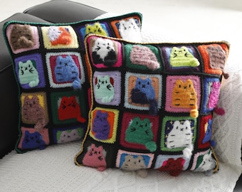 Handgefertigter Häkelkissenbezug, viele Katzen Kissen, Einzigartiges Katzenliebhaber Geschenk, Schwarze Katze Wohnkultur, Geburtstagsgeschenk, Geschenk für Sie