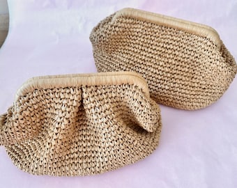 Gehaakte raffia-clutch, gehaakte stro-clutch, strokoppeling, raffia-etui, handgebreide clutch, geweven gehaakte tas, kerstcadeau