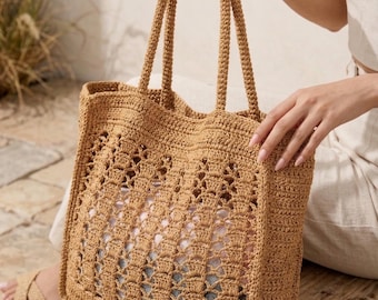 Oversized Crochet Raffia Bag, Handmade Beach Shoulder Tote,  XXL Straw Tote Bag, Knitted Summer Purse
