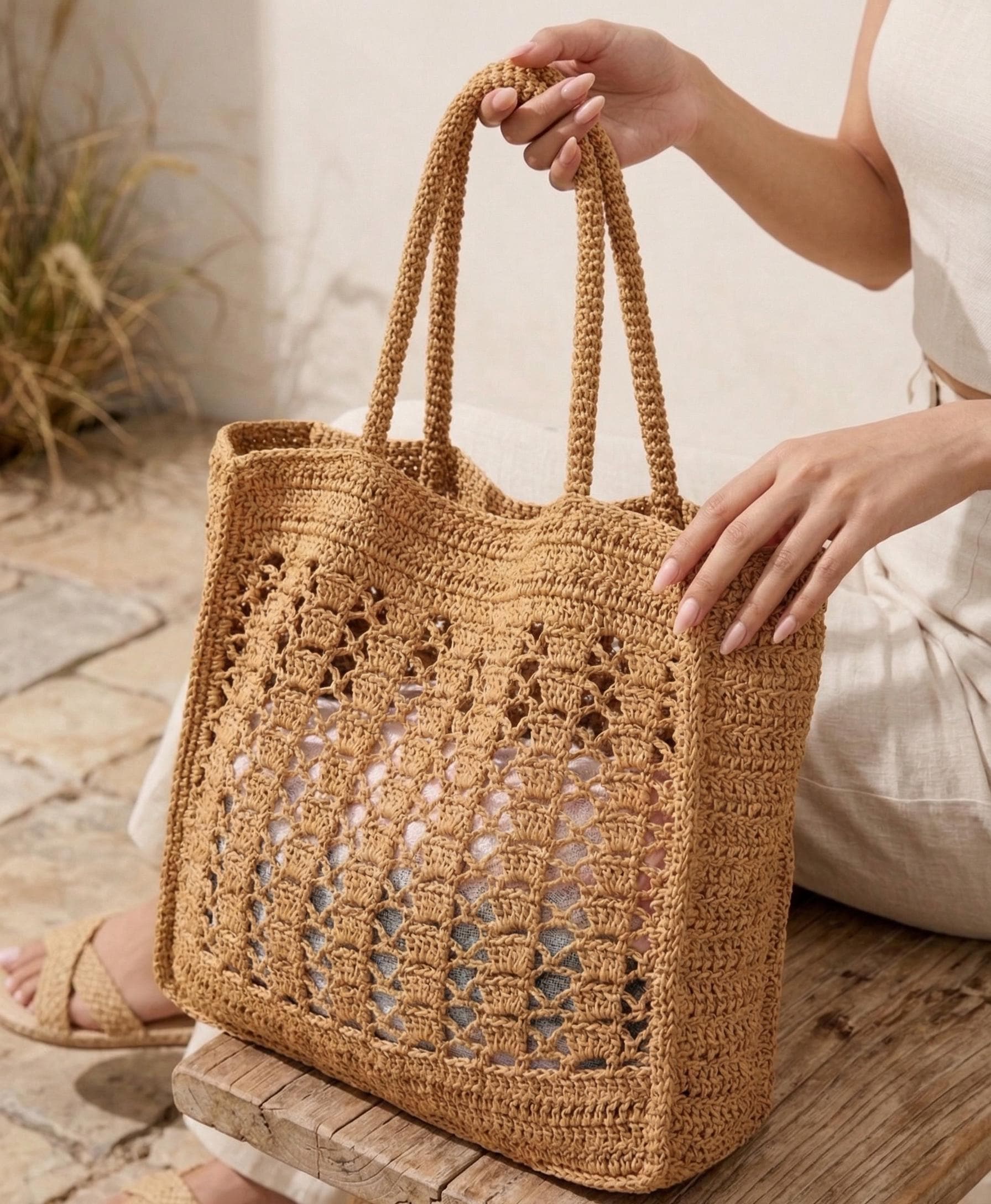 Oversized Crochet Raffia Bag, Handmade Beach Shoulder Tote, XXL