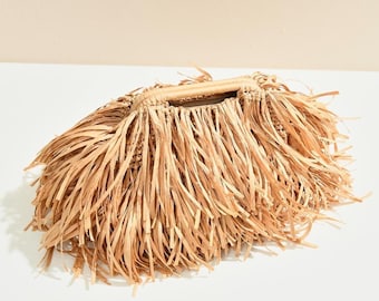 Raffia Fringe Pouch Bag, Crochet Beach Handbag, Straw Purse, Oversized Raffia Bag