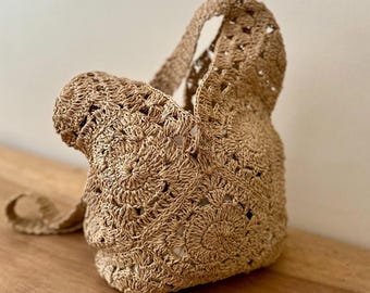 Torba hobo z rafii, szydełkowana torba hobo z rafii, plażowa torebka z rafii, torebka ze słomy, naturalna torba z juty, ręcznie robiona torba na ramię