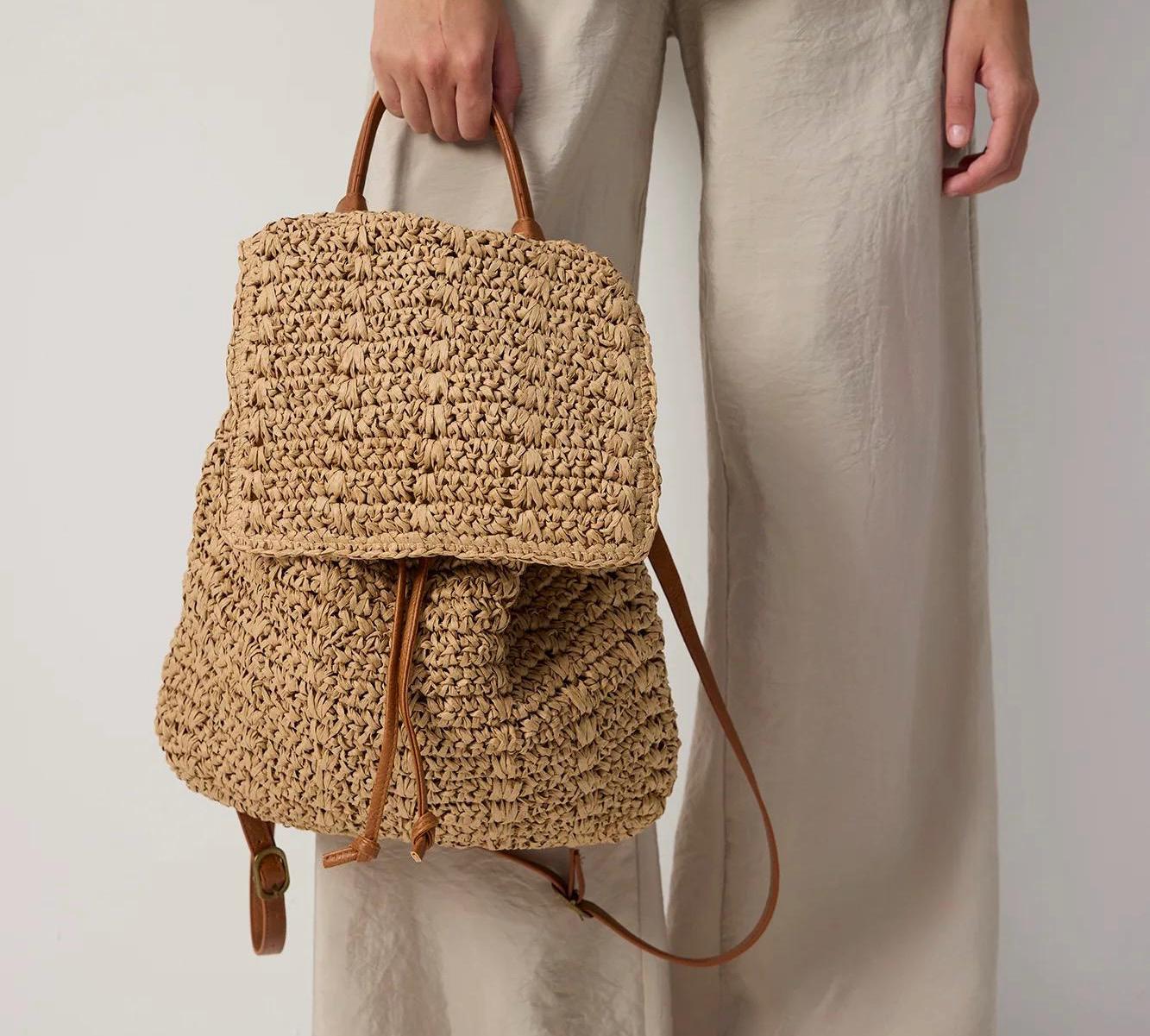 Vintage Plaid Woven Straw Backpack Brown Tan Bohemian Cottagecore Western Black Suede Fringe Backpack, Boho Leather Rucksack, Western  main image 4