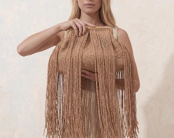 Raffia Fringed Bag, Straw Tassel Clutch Purse, Summer XL Handbag, Crochet Pouch / NEW