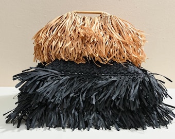 Fringe Raffia Clutch Bag, Crochet Pouch Purse, Handmade Straw Handbag