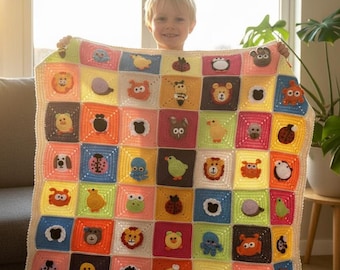 May include: A colorful, handmade crochet blanket featuring a patchwork design with various animal faces. The squares are in a variety of colors, including orange, pink, blue, and yellow. The blanket is held up by a person.