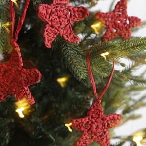 Christmas Ornament Star, Christmas Tree ornaments, Rafia Crocheted Ornaments, Christmas ornaments Red Star, Hand Craft Boho Star 6 Set. image 9