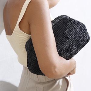 Black Raffia CLUTCH, Raffia Bag CLUTCH, Raffia Bag Coach, Natural Hand-Knitted Clutch, Crochet Raffia Bag, Straw Clutch, Evening Clutches