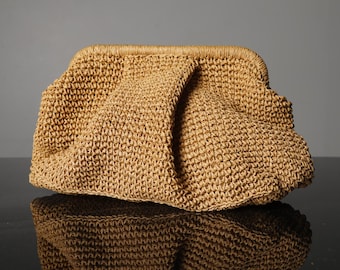 Bolso de mano de rafia a crochet, bolsita de rafia, bolso de sofá a crochet, bolso de mano de paja plisada, bolso de mano hecho a mano, regalo de Navidad
