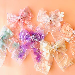Tulle Hair Bow Hair Clip, Women Hair Clip Embroidered Flowers, Ribbon Clip for Girls, Organza Bow Hair Clip, Wedding Bow Clips for Women