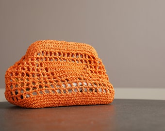 Orange Handmade Crochet Clutch BAG, Orange Straw Crochet Clutch BAG, Orange Raffia Purse Bag, Woven Hand-Knitted Clutch, Small  Raffia Bag