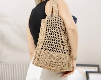 Straw Shopper, Raphia Tote, Beach Raphia Bag, Straw Purse Bag, Raphia Bag Coach, Natural Hand-Knitted Tote, Crochet Raffia Bag, Straw Tote