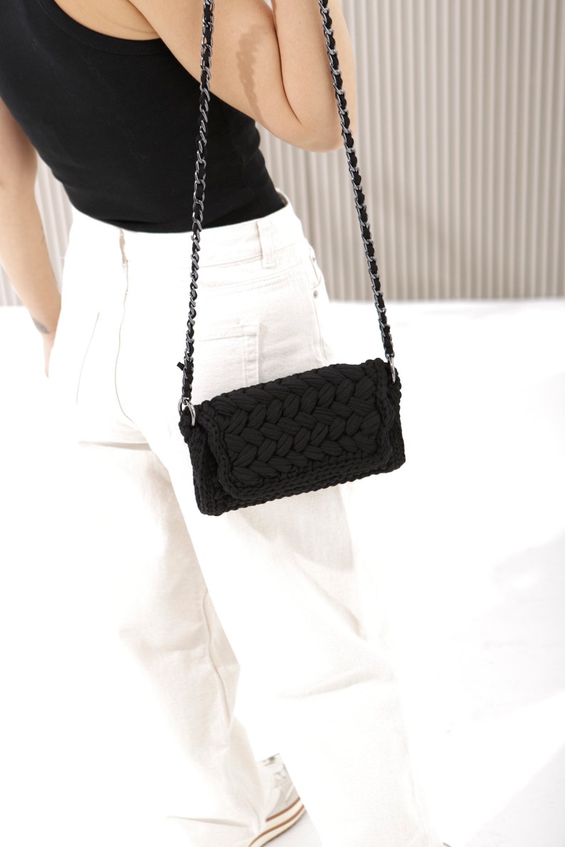 CROCHET BAG, Black Shoulder Bag, Crossbody Bag, Black Cotton Purse, Crochet Bag, Black Crochet Bag, Capri Bag image 3