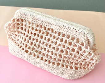 Light Pink Beach Clutch, Straw Crochet Clutch BAG, Pink Raffia Bag Coach, Hand-Knitted Clutch, Woven Raffia Bag, Straw Clutch