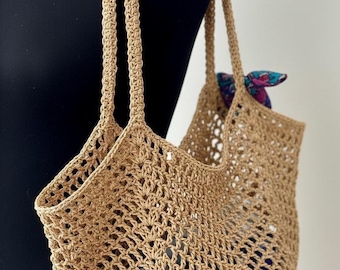 Crochet Raffia Bag Large Tote, Boho Straw Beach Bag, Handmade Summer Shoulder Purse, Eco Gift for Mom, Picnic Market Travel Bag, Raffia Tote