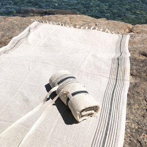 LINEN BEACH Towel, Boho Beach Throw, Linen Towel, Organic Blanket Towel, Boho Turkish Towel, Striped Towel, Beach Towel With Strap Carrier