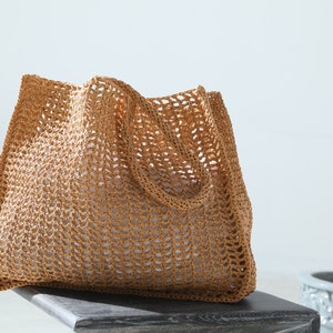 Raffia Beach Tote, HandKnit Beach Raffia Bag, Boho Purse Bag, Raffia Bag Coach, Natural Hand-Knitted Tote, Crochet Raffia Bag, Tote Bag Gift