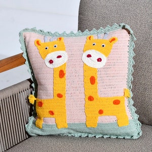 Funda de almohada de jirafa a crochet, almohada tejida a mano, cojín de jirafa a crochet, almohada para habitación de bebé, cojín de jirafa a crochet, linda almohada de crochet