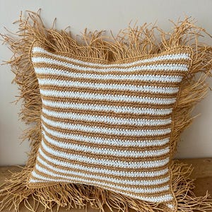 Handmade Raffia Pillow Cover with Fringe, 18” Natural Straw & Cotton Stripe Cushion, Summer Outdoor Decor, Organic Crochet Case