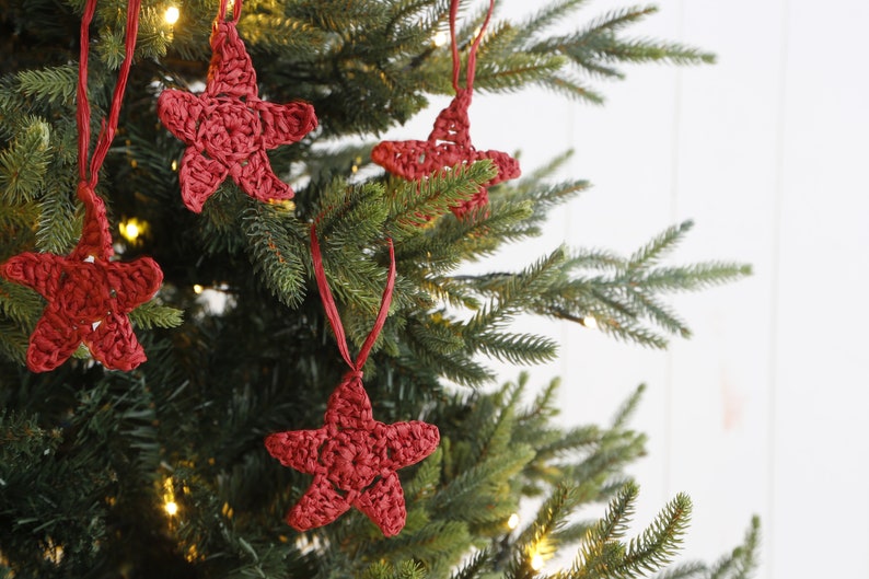 Christmas Ornament Star, Christmas Tree ornaments, Rafia Crocheted Ornaments, Christmas ornaments Red Star, Hand Craft Boho Star 6 Set. Red Star
