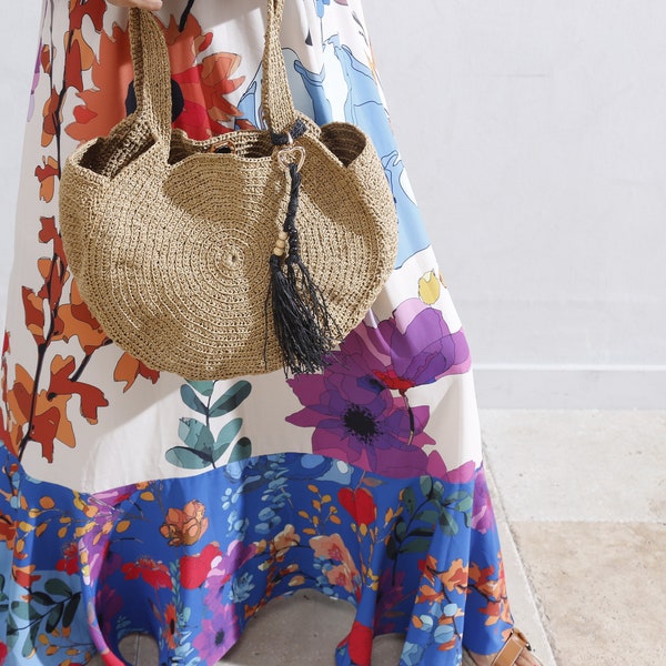 Raffia Tote Bag, Crochet Bag, Natural Raffia Bag, Handmade Crochet Women Bag, Hand Knitted Raffia Bag, Straw Beach Bag