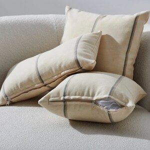 Wabi Sabi Pillow Set 3, Wool Striped Pillow Cover, Striped Minimal Cushion Cover, Ivory Cushion Cover, Cream Boho Pillowcase, Set of 3 image 4