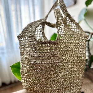 Handmade Glitter Beach Bag, Glossy Metallic Raffia Tote, Sparkling Crochet Summer Bag, Luxury Shiny Mesh Beach Tote, Gold Metallic Beach Bag