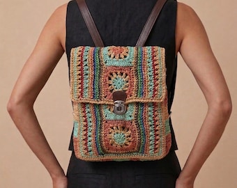 Crochet Straw Backpack with Leather Strap, Colorful Crochet Handmade Raffia Backpack, Handmade Backpack, Hippie Woven Bag