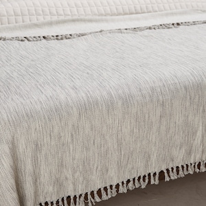 May include: A white throw blanket with a subtle striped pattern and fringe trim. The blanket is draped over a bed.