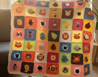 May include: A handmade crochet blanket featuring a grid of colorful squares, each displaying a unique appliqued animal or insect character. The blanket is bordered in cream yarn and includes various motifs like lions, bees, ladybugs, and octopuses.