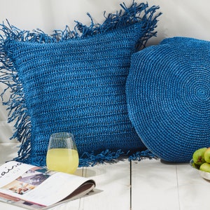 Raffia Throw Pillow, Blue Round pillow, Raffia Pillow Cover, Hand-Knit Cushion Cover, Boho Cushion Cover, Croched Pillow Cover 16 40cm. image 7