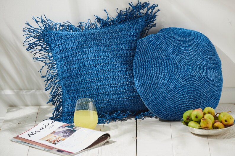 Raffia Throw Pillow, Blue Round pillow, Raffia Pillow Cover, Hand-Knit Cushion Cover, Boho Cushion Cover, Croched Pillow Cover 16 40cm. image 7