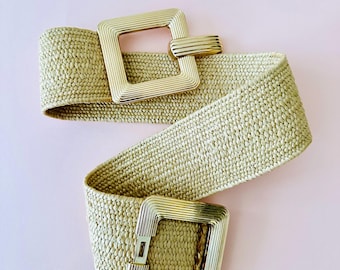 Wide Raffia and Leather Belt for Women * Wide Straw and  display picture 2