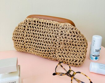 Small Mesh Raffia Clutch, Crochet Clutch, Straw CLUTCH, Raffia Clutch Bag, Crochet Clutch, Straw Purse, Hand-Knitted Clutch, Mesh Raffia Bag