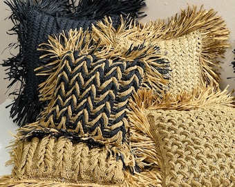 Natural Raffia Pillow Cover: Jute Cushion, Outdoor Fringe Pillow, Crochet Wicker Pillow