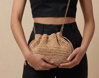 Raffia Crochet Crossbody Pouch, Handmade Pouch Bag, Summer Straw Purse, Mini Woven Handbag