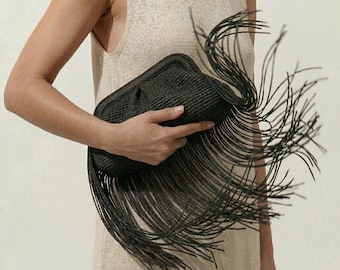 Fringe Raffia Black Clutch, Crochet Boho Purse, Handmade Pouch Tote, XL Fringed Handbag