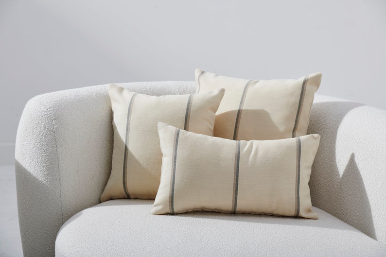 Wabi Sabi Pillow Set 3, Wool Striped Pillow Cover, Striped Minimal Cushion Cover, Ivory Cushion Cover, Cream Boho Pillowcase, Set of 3 image 2