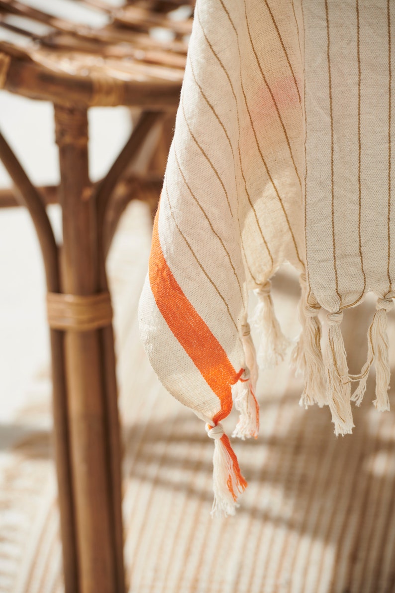 Linen Coral Peshtemal Towel, Linen Table Cloth, Orange Strip Linen Cotton Towel, Turkish Bath Towel, Beach Towel, Blanket image 8