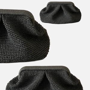 Black Raffia Clutch, Raffia Bag Pouch Bag, Straw Coach Bag, Handmade Crochet Black Clutch, Crochet Raffia Bag, Straw Clutch, Evening Clutch