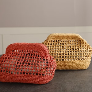 Small Crochet Clutch, Mini Straw Crochet Clutch BAG, Raffia Bag Coach, Natural Hand-Knitted Clutch, Woven Raffia Bag, Straw Clutch