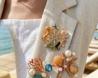 Marine Themed Brooches, Coral Sea Brooch, Gold Starfish, Sea Horse, Octopus