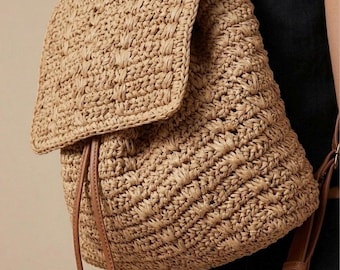 Raffia Backpack, Straw Backpack with Leather Strap, Woven Drawstring Bag, Natural Crochet Bag, Beach Crossbody Bag, Travel Straw Bag