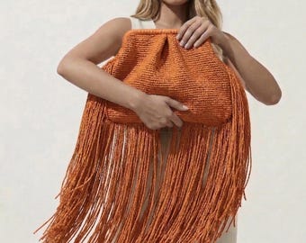 Fringe Raffia Bag, Giant Raffia Clutch, Crochet Handbag, Straw Tassel Crochet Purse / NEW
