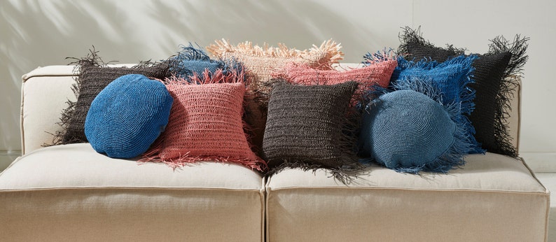 Raffia Throw Pillow, Blue Round pillow, Raffia Pillow Cover, Hand-Knit Cushion Cover, Boho Cushion Cover, Croched Pillow Cover 16 40cm. image 10