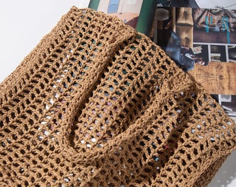 Raffia häkeln Mesh Strandtasche, leichte Sommer-Umhängetasche für Frauen, Raffia Strandtasche, gehäkelte handgemachte Raffiatasche Tote